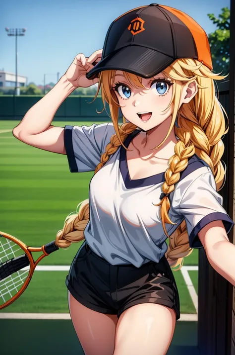 a pretty girl wearing a baseball cap holding an orange and black tennis racquet, 1girl, shorts, solo, blonde hair, blue eyes, hat, baseball cap, braid, long hair, black shorts, shirt, smile, outdoors, white shirt, short sleeves, open mouth, short shorts, l...