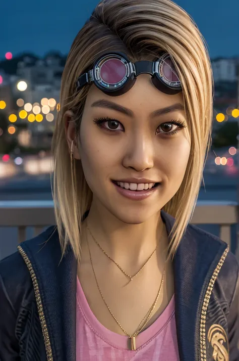 yui, blonde hair, brown eyes, goggles on head, necklace, pink shirt, jacket,looking at viewer, smiling, close up, outside, citys...