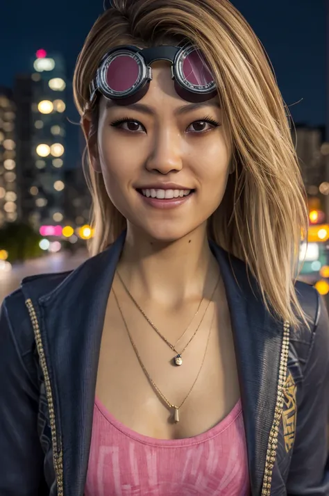 yui, blonde hair, brown eyes, goggles on head, necklace, pink shirt, jacket,looking at viewer, smiling, close up, outside, citys...