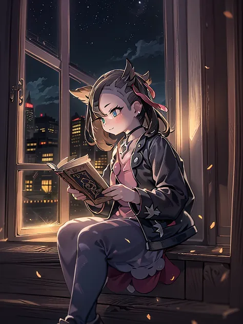 A 10-year-old girl sitting on a window sill and reading a book、cowboy shot:1.2,((pokemonsmarnie:1.2)),(super detailed illustrations:1.2),(masterpiece, 8K), (最high quality, high quality:1.4), perfect anatomy, very detailed, super detailed,masterpiece backgr...