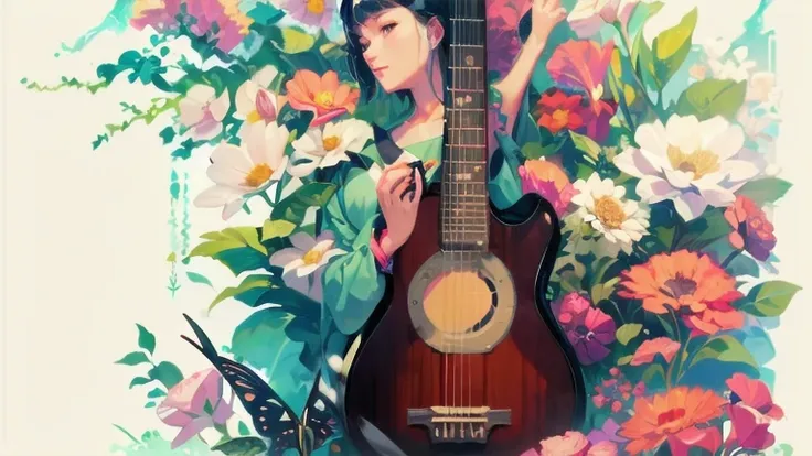 There is a woman holding a guitar in front of a flower background, by Kamisaka Sekka, Written by Audrey Kawasaki, Ngai lost and tristan eaton, by Yoshihiko Wada, by Yanagawa Nobusada, Ngai lost style, Ngai lost! cmyk palette, james jean and Ngai lost, Sach...