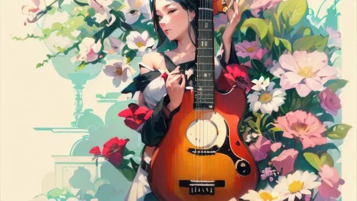 There is a woman holding a guitar in front of a flower background, by Kamisaka Sekka, Written by Audrey Kawasaki, Ngai lost and tristan eaton, by Yoshihiko Wada, by Yanagawa Nobusada, Ngai lost style, Ngai lost! cmyk palette, james jean and Ngai lost, Sach...