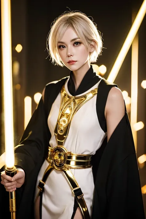 A beautiful woman with short pixie white hair and gold eyes, holding lightsaber with golden light in black and gold jedi robes