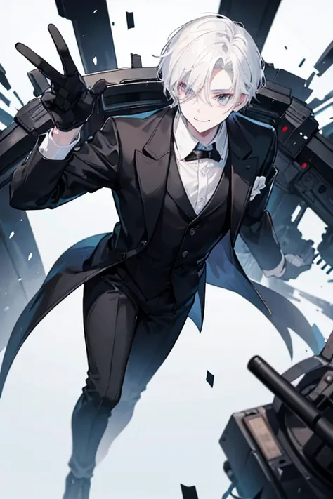 An pale-white skinned male being. He has short white hair, his whole face is just a giant smile, he has no eyes. He wears a black suit and black gloves. An factorys Manager.