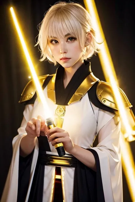 A beautiful woman with short pixie white hair and yellow eyes, holding lightsaber with golden light in black jedi sentinel robes