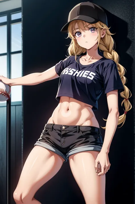 an anime women in black shorts holding a baseball cap in her hands, 1girl, solo, shorts, long hair, hat, navel, blonde hair, shirt, white shirt, short sleeves, looking at viewer, braid, short shorts, purple eyes, baseball cap, midriff, black headwear, cowb...