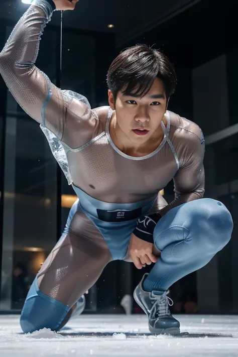 ic34rmor,korean men,25 years old, Put on ice tights., see through, dynamic gesture, ((fighting posture)), Fantasy City Background, In the building, (Face shape), (very close:1.2),, realistic, Masterpiece, complicated details, Detailed background, depth of ...