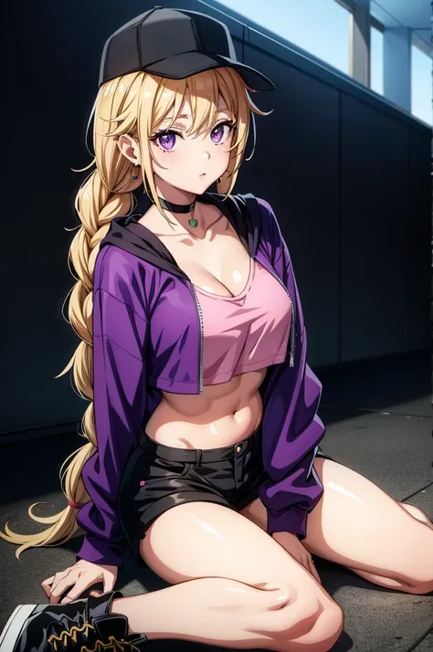 a anime girl with black and purple hair, wearing a pink hat. sitting down on her legs, 1girl, solo, fishnets, choker, black shorts, breasts, midriff, thighs, shorts, hat, navel, crop top, sitting, jewelry, black headwear, blonde hair, black choker, braid, ...