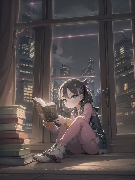 A 10-year-old girl sitting on a window sill and reading a book、cowboy shot:1.2,((pokemonsmarnie:1.2)),(super detailed illustrations:1.2),(masterpiece, 8K), (最high quality, high quality:1.4), perfect anatomy, very detailed, super detailed,masterpiece backgr...