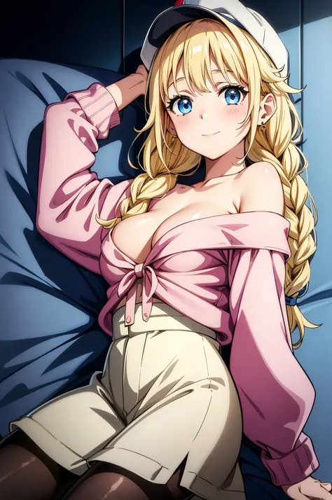 1girl, (upper body:1.4), earrings,(large breasts:0.6), cleavage, red sweater, off-shoulder sweater, leggings, blush, smile, closed mouth, arm up, (looking at viewer:1.4), on bed, rose petals, roses,Eiko Tsukimi, blue eyes, braid, twin braid, (((blonde hair...