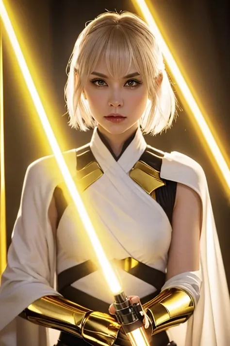 A beautiful woman with short pixie white hair and yellow eyes, holding lightsaber with golden light in jedi robes with clone armor