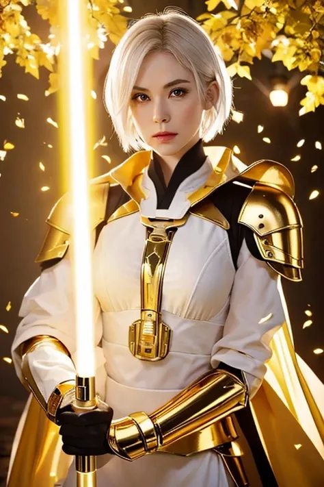 A beautiful woman with short pixie white hair and yellow eyes, holding lightsaber with golden light in jedi robes with clone armor