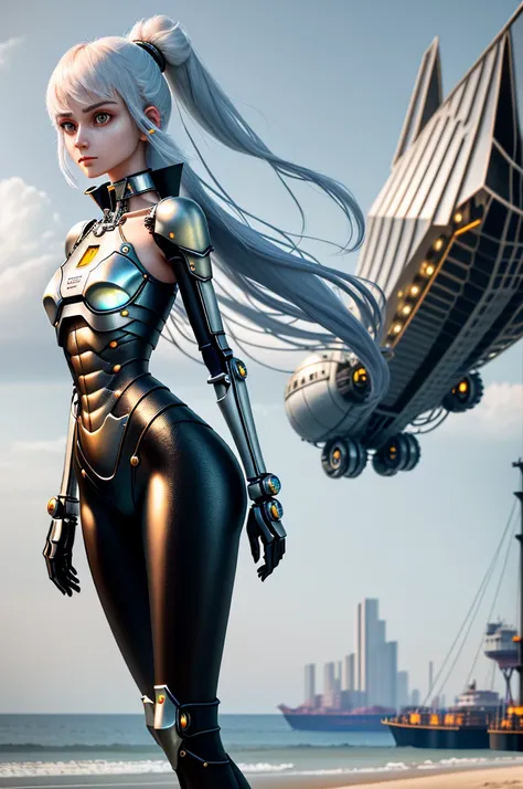 Best quality, delicate face, 25-year-old girl, slim body, body made of metal, small bust, metal structural skeleton, seaside, standing posture, beach, huge spaceship floating in the air, cyberpunk, sci-fi