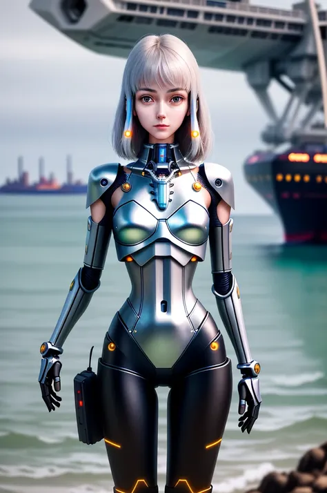 Best quality, delicate face, 25-year-old girl, slim body, body made of metal, small bust, metal structural skeleton, seaside, standing posture, beach, huge spaceship floating in the air, cyberpunk, sci-fi