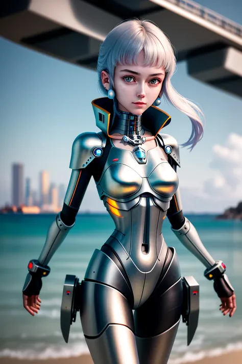 Best quality, delicate face, 25-year-old girl, slim body, body made of metal, small bust, metal structural skeleton, seaside, standing posture, beach, huge spaceship floating in the air, cyberpunk, sci-fi