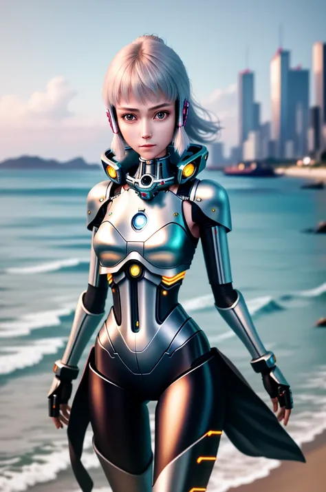 Best quality, delicate face, 25-year-old girl, slim body, body made of metal, small bust, metal structural skeleton, seaside, standing posture, beach, huge spaceship floating in the air, cyberpunk, sci-fi