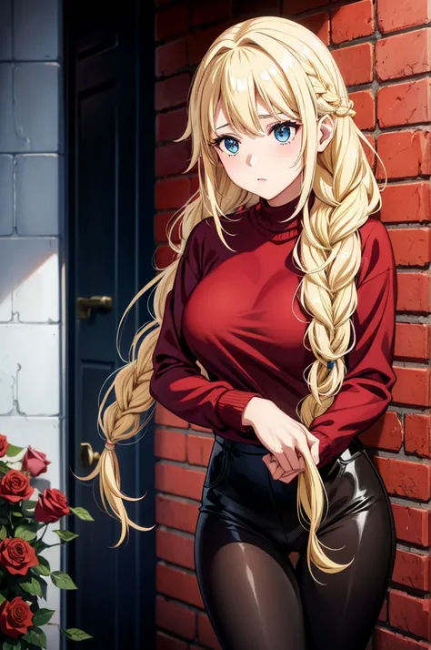 shy girl, mature woman, red eyes, hair up, sexy, medium breast, slender body, black leggins, red sweater, wall full of roses, roses, rose petals, , more_details:1.5,Eiko Tsukimi, blue eyes, braid, twin braid, (((blonde hair))), long hair,baseball cap,Eiko ...