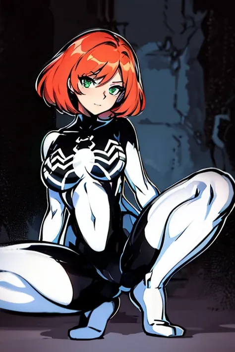 red head short side parted tucked to the side asymmetrical smooth straight bob hair green eye cute gorgeous looking woman wearing black&white viscous liquid symbiote suit, no wrinkles, bodysuit, spider-girl, skin tight