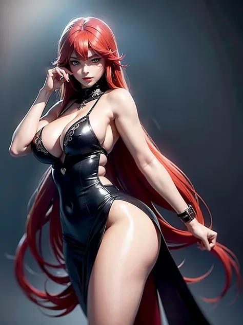 Rias Gremory, who has a beautiful curvy figure, boasts long, bright red hair that shines against the background lighting (1.1) of this 4k image.  Her face of the highest quality is decorated with charming blue eyes.  Dressed in a short, skin-tight black dr...