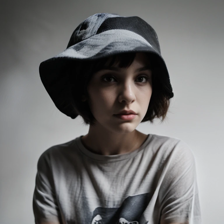 Mid Shot, Sad (Monocrhome), dark, (oversize clothes) (thoughtful poses) in love, chiaroscuro, black and white, 90s girl, simple background, minimalistic, beautifull, ((photoshot)), baggy clothes, wearing bucket hat, black oversize shirt, girl with pixie cu...