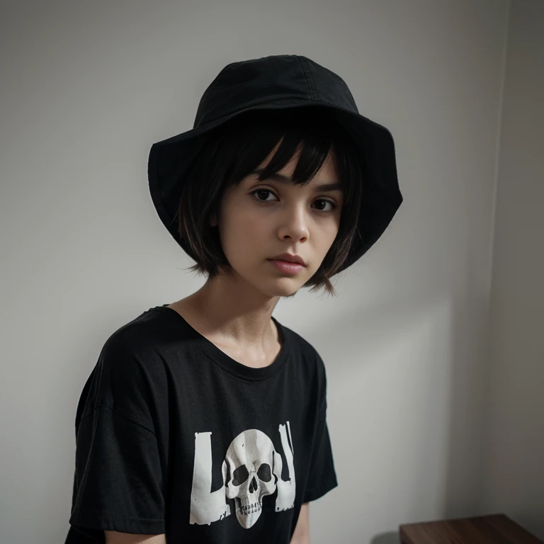 (Monocrhome), dark, (oversize clothes) (thoughtful poses) in love, chiaroscuro, black and white, 90s girl, simple background, minimalistic, beautifull, ((photoshot)), baggy clothes, wearing bucket hat, black oversize shirt, girl with pixie cut hairstyle, w...