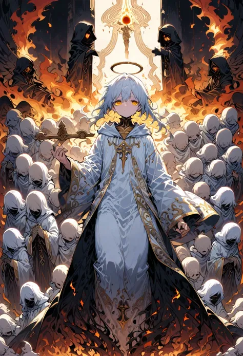 boy, angel dressed in a robe, holding a balance, is judging all beings. Surrounded by floating souls and flames symbolizing sin and redemption. The background is a solemn temple and endless void, masterpiece, best quality, perfect composition, very aesthet...