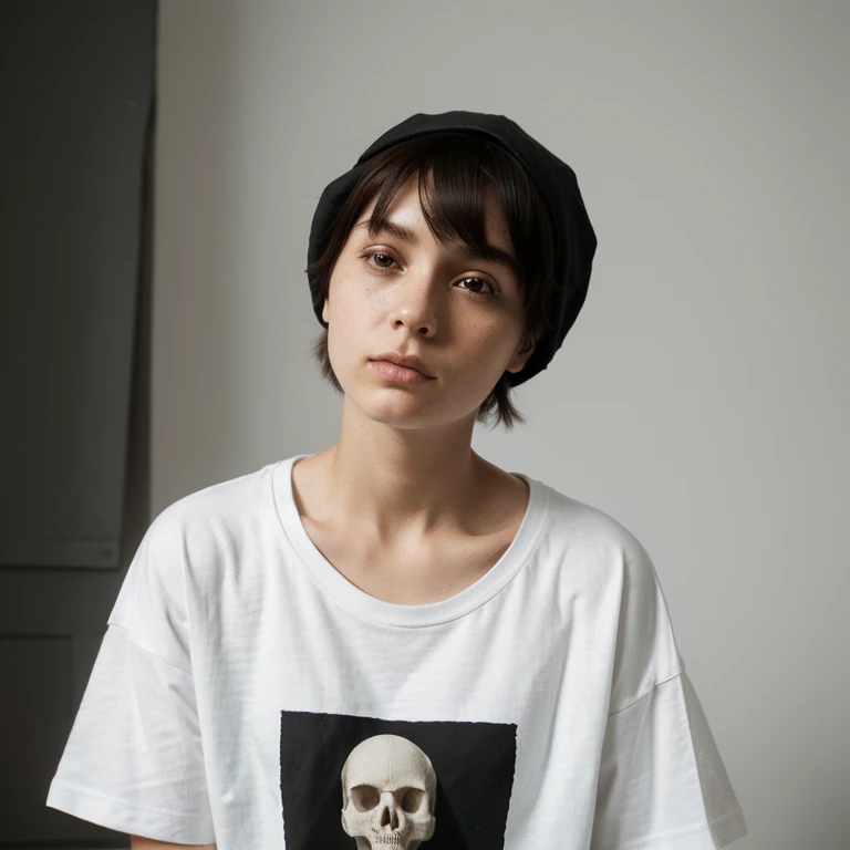 (Monocrhome), Mid Shot, ((Sad)), dark, (oversize clothes) (thoughtful poses) in love, chiaroscuro, black and white, 90s girl, simple background, minimalistic, beautifull, ((photoshot)), baggy clothes, wearing bucket hat, black oversize shirt, girl with pix...