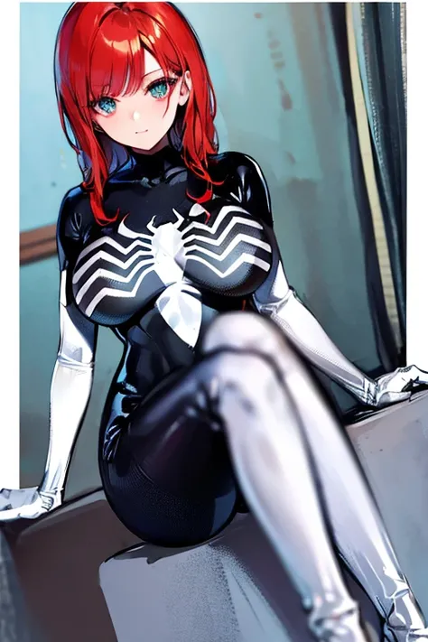 red head short side parted tucked to the side asymmetrical smooth straight bob hair green eye cute gorgeous looking woman wearing black&white viscous liquid symbiote suit, no wrinkles, bodysuit, spider-girl, skin tight, sexy (La mejor calidad detallada:1,6...