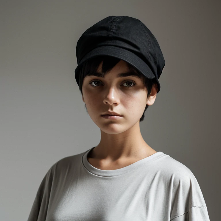 (Monocrhome), Mid Shot, (She is realy sad), dark, dismal expression, (oversize clothes) (thoughtful poses) in love, chiaroscuro, black and white, 90s girl, simple background, minimalistic, beautifull, ((photoshot)), baggy clothes, wearing bucket hat, black...