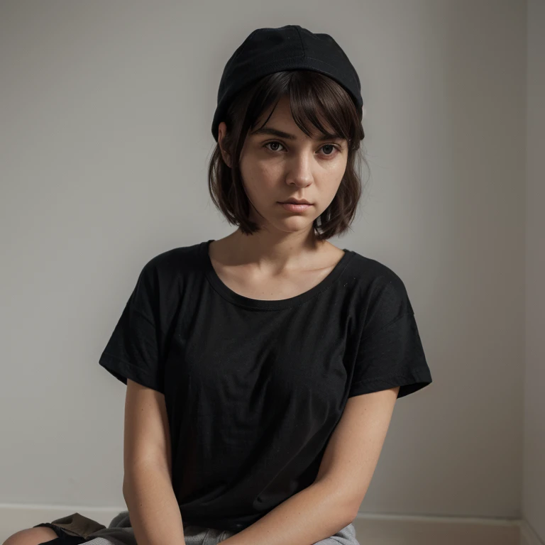 (Monocrhome), Mid Shot, (She is realy sad), dark, dismal expression, (oversize clothes) (thoughtful poses) in love, chiaroscuro, black and white, 90s girl, simple background, minimalistic, beautifull, ((photoshot)), baggy clothes, wearing bucket hat, black...