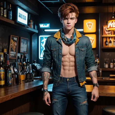 20-year-old boy reddish brown hair punk hairstyle with yellow bangs green eyes blue jeans blue jeans dark blue jacket light blue shirt with wolf print blue scarf tied on his arm muscular build with a knife in his hand looking straight at the viewer on a ba...