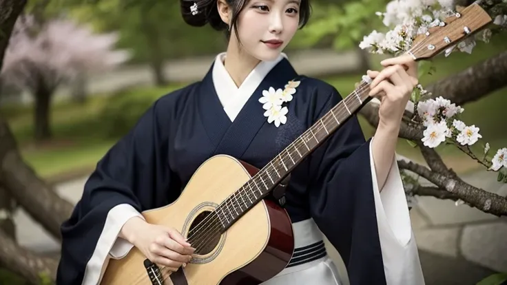 A woman in a kimono playing the guitar in a cherry tree garden, traditional Japanese, Japanese woman, Japanese geisha, Japanese style, inspired by Itō Shinsui, elegant Japanese woman, Japanese goddess, Japanese influences, Woman Playing Guitar, Japanese ar...