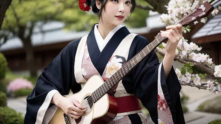 A woman in a kimono playing the guitar in a cherry tree garden, traditional Japanese, Japanese woman, Japanese geisha, Japanese style, inspired by Itō Shinsui, elegant Japanese woman, Japanese goddess, Japanese influences, Woman Playing Guitar, Japanese ar...