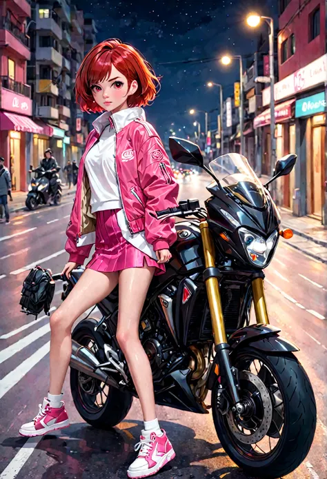 hay una mujer en una moto rojo, with short red hair and dark brown eyes, He is on a road at night he has a pink jacket, un vestido negro, zapatillas blancas 