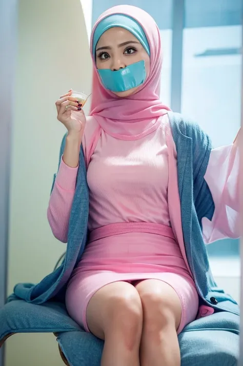 Beautiful fair skin matured malay girl in hijab seating in meeting room angry, 45 years old, milf, angry pose, angry face, meeting room, morning, wearing hijab, pastel color hijab, blue pastel office outfit, pink suits, , small breast, flat chest, wide wai...