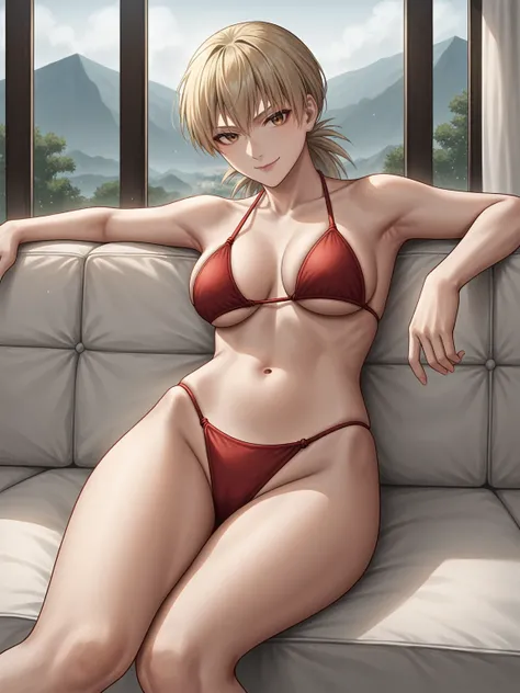 source_anime,score_9,score_8_up, score_7_up, 1girl,solo,outdoors,hellsing, seras victoria, couch, indoors, seductive, face closeup, ((closed mouth)), smirk, thighs, long shot, balcony, mountain background, fancy, white couch, laying, leaning, fronr view, r...