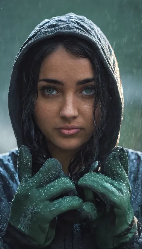 solo, 1girl, green eyes, black hair, looking at viewer, animification, portrait, hood up, glowing eyes, rain, glowing, hood, close-up, green gloves, v-shaped eyebrows