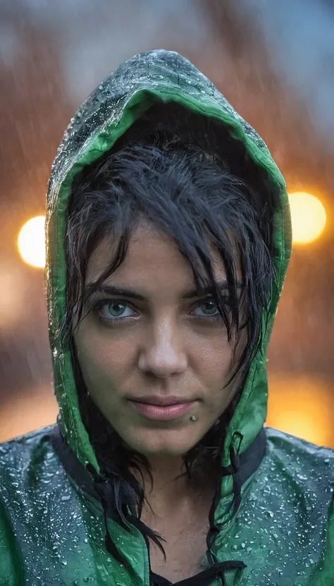 solo, 1girl, green eyes, black hair, looking at viewer, animification, portrait, hood up, glowing eyes, rain, glowing, hood, close-up, green gloves, v-shaped eyebrows