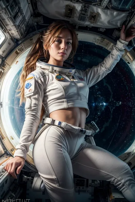 long range shooting, low angle shot, a beautiful woman，female astronaut，beautiful face，beautiful eyes，高度detailed细节， (((inside th...