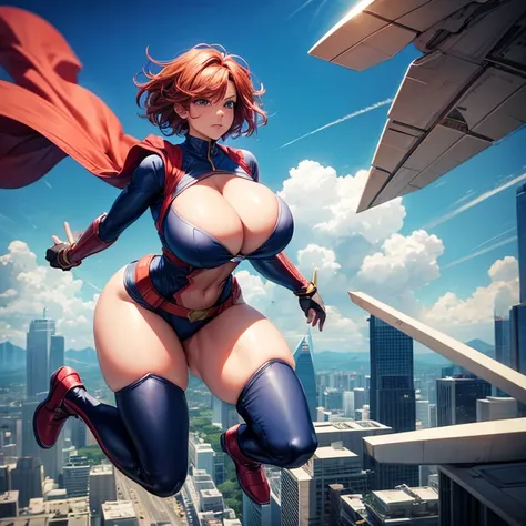 Female superhero, curvy, huge breasts, embarrassed expression, 8k, highly detailed, movie quality, busty, full body, flying through the air above a city, short hair, massive breasts, big tits, sexy face, hourglass figure, superhero outfit, nervous, 28 year...