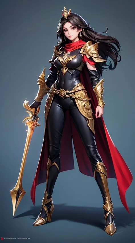 ((Full body photo,standing, feet on the ground))  solo, super fine photo, full body photo picture Unreal Engine 5 8K UHD, beautiful girl, black and dark red long hair, dark gold armor with high details, chainmail bodysuit underwear, red cape, gold crown, g...