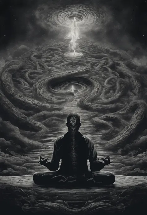 A man meditating in lotus pose while a massive cosmic entity emerges from his third eye in the shape of a large serpent