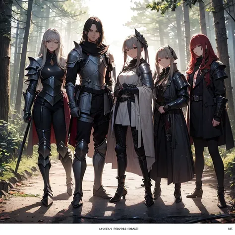 A group of  female knights, (in forest), various hair styles, harem, wearing armored clothes, metal armor, night, details face, trousers, seducing, sword, 