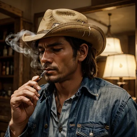 Cowboy smoking and sad