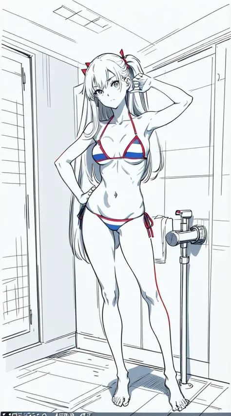 drawing of a woman in a bikini standing in a bathroom, bikini. background of hell. gore, hands behind her body pose!, asuka suit under clothes!, colored sketch anime manga panel, realistic bikini, pudica pose gesture, asuka as a surfer model, oppai proport...