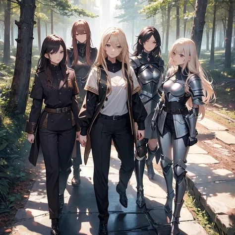 A group of  female knights, (in forest), various hair styles, metal armor, harem, trousers, seducing, beautiful face, close