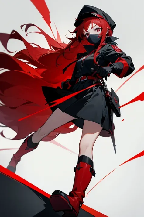 An female being. She has red long hair, she wears a black mask, red gloves, red boots, a black cap, a black shirt connected to a black skirt, and a red jacket. Just an ordinary factory worker.