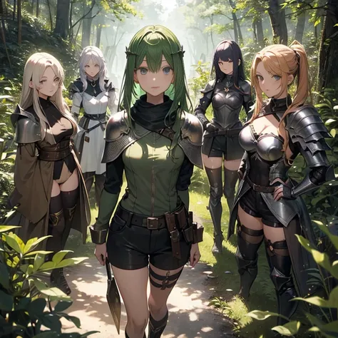 A group of  female knights, (in forest), various hair styles, metal armor, harem, shorts, seducing, beautiful face, close