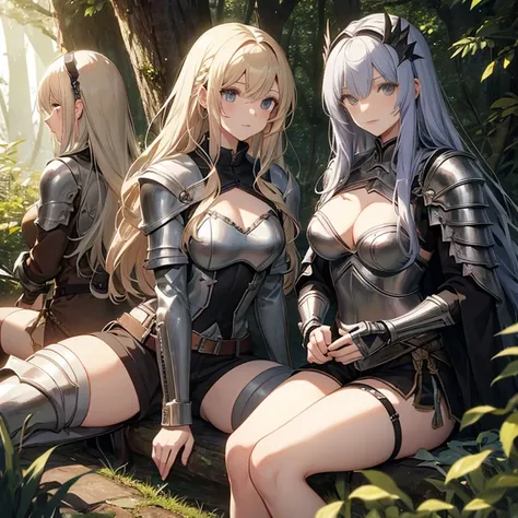 A group of  female knights, (in forest), various hair styles, metal armor, harem, shorts, seducing, beautiful face, close