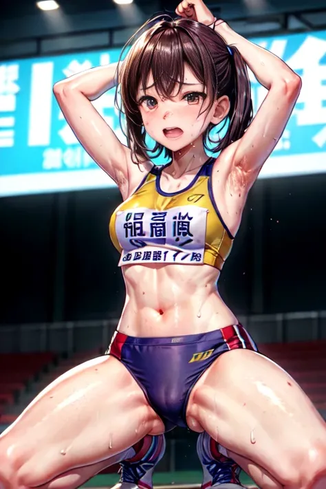 highest quality、cinematic lighting、arena、Woman in sportswear、Squat down and spread your legs、full of sweat、doing squats、painful face、dripping sweat、